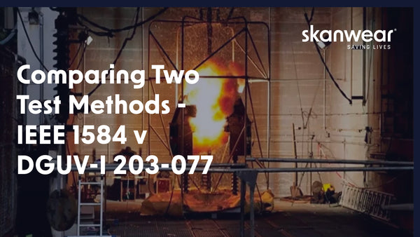 Background image showing arc flash ppe clothing engulfed in flames while being tested. Overlaid with the caption 'Comparing Two Test Methods - IEEE 1584 v DGUV-I 203-00