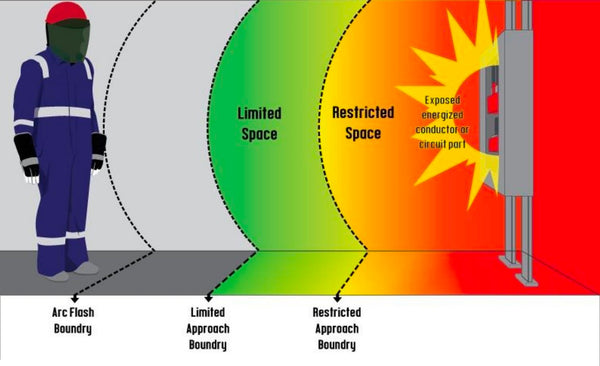 A diagram explaining the layout of an arc flash boundary, showing the boundary, the limited approach boundary and restricted approach boundary.