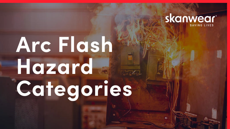 Title: Arc Flash Hazard Categories, overlaid on an image of sparking electrics