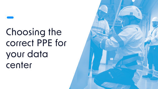 Title card which reads 'Choosing the correct PPE for your data center'. To the right is a group of men working in a data center all wearing electrical PPE.