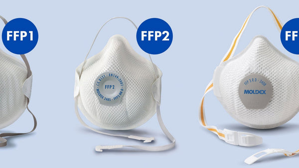 A series of face masks with labels FFP1, FFP2 and FFP3 to support information about EN149 - Respiratory Protective Devices