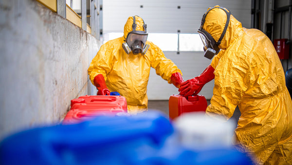 Two people wearing orange protective suits, dark orange gloves and respirators work with hazardous materials to support information about EN13034 - protective clothing against liquid chemicals.