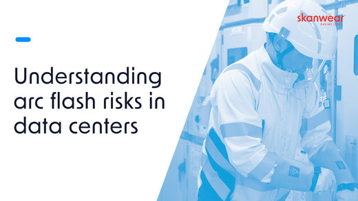Title card which reads 'Understanding arc flash risks in data centers'. To the right is a blue and white image of a man in electrical PPE.